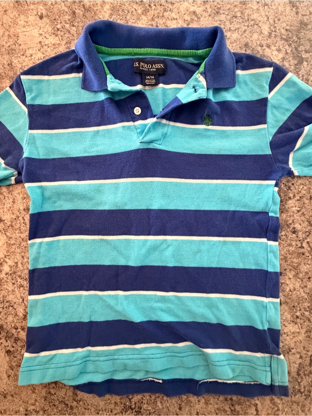 US Polo Assn Boys 14/16 Blue Aqua Striped Short Sleeve Polo Shirt Cotton